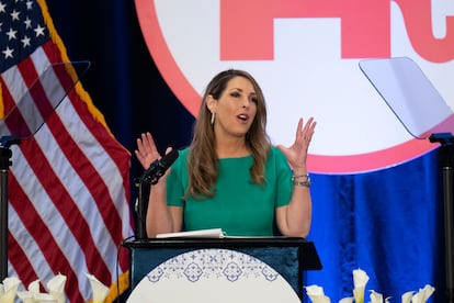 Republican National Committee Chair Ronna McDaniel speaks at the committee's winter meeting in Dana Point, Calif., Friday, Jan. 27, 2023. (AP Photo/Jae C. Hong)