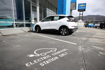 A brand new Chevrolet Bolt EVU sits on the sales lot at Stewart Chevrolet on October 07, 2021 in Colma, California