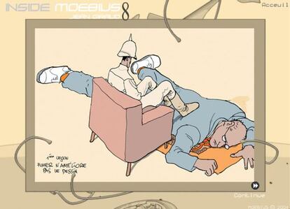 Ilustración del cómic 'Inside Moebius', en la que el dibujante francés Moebius (Jean Giraud) se autorretrata.