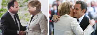 A la izquierda, un saludo entre Hollande y Merkel. A la derecha, con Sarkozy.