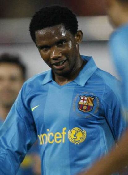 Eto&#39;o, durante el Mallorca-Barça.