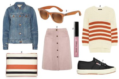 1. Madewell Chaqueta vaquera con detalles desgastados. 2. Ray-Ban Gafas de sol con montura forrada de vaquero teñido. 3. Gucci Jersey de rayas. 4. Adam Lippes Falda abotonada de ante. 5. Bobbi Brown Lipgloss 'Brightening'. 6. Sonia Rykiel Clutch de piel con print de rayas. 7. Superga Sneaker de loneta.