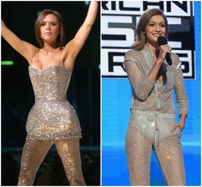 Victoria Beckham prescriptora de moda en 2008 apostó por un vestido con medias todo en gris brillante. Un 'look' que Gigi Hadid imitó a su estilo en la gala de los American Music Awards en 2016.