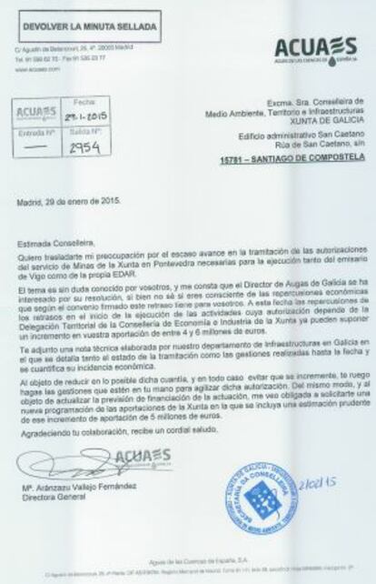 Carta remitida por la empresa dependiente del ministerio a la consellería.