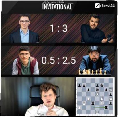 Un momento de la retransmisión de la 5ª jornada. Tras ganar a Caruana, Carlsen comenta la partida de Firouzja con Nakamura