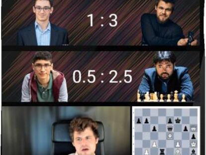 Un momento de la retransmisión de la 5ª jornada. Tras ganar a Caruana, Carlsen comenta la partida de Firouzja con Nakamura
