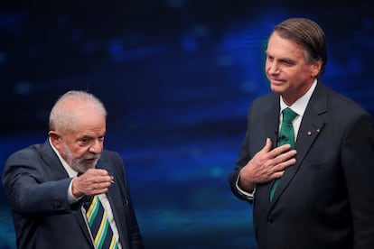Presidential candidates Luiz Inácio Lula da Silva and Jair Bolsonaro speak during a debate held in São Paulo, Brazil.