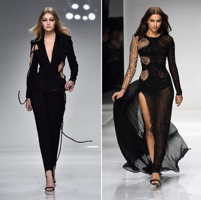 Las modelos Gigi Hadid y, a la derecha, Irina Shayk fueron las dos estrellas sobre la pasarela de Versace en París.