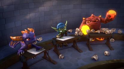 Spyro, Stealth Elf y Eruptor ante un examen sorpresa.