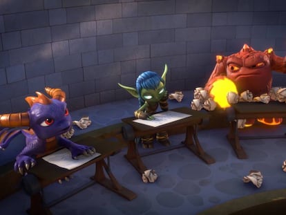 Spyro, Stealth Elf y Eruptor ante un examen sorpresa.