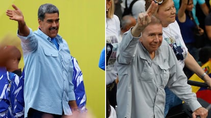 Nicolás Maduro y Edmundo González en sus cierres de campaña en Caracas, el 25 de julio.
