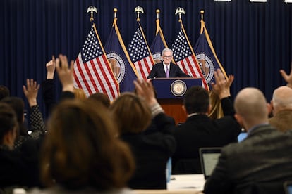 Jerome Powell, presidente de la Reserva Federal de Estados Unidos, en la rueda de prensa posterior a la reunión del comité de política monetaria, este miércoles.