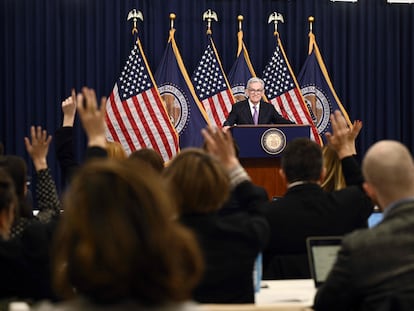 Jerome Powell, presidente de la Reserva Federal de Estados Unidos, en la rueda de prensa posterior a la reunión del comité de política monetaria, este miércoles.