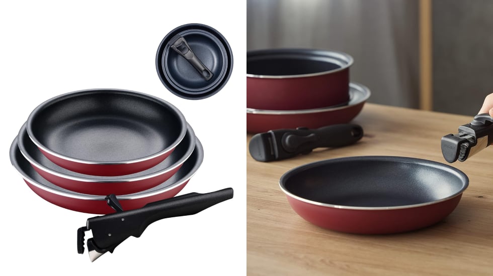 Set de sartenes de aluminio prensado y mango extraíble incluido.