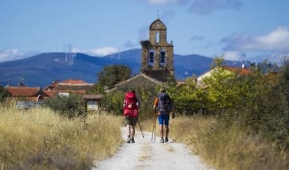 Pilgrims walking the Camino de Santiago.