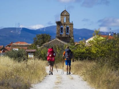 Pilgrims walking the Camino de Santiago.