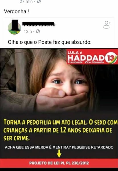 Exemplo da informação falsa sobre pedofilia que circula nas redes com o logotipo de Haddad.