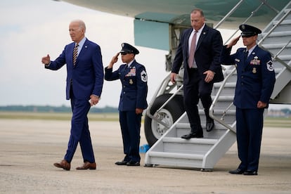 President Joe Biden arrives at Andrews Air Force Base after a trip to South Carolina to discuss his economic agenda, Thursday, July 6, 2023, in Andrews Air Force Base, Md.