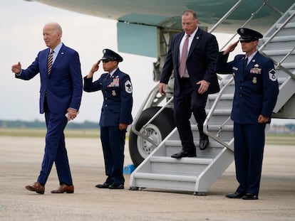 President Joe Biden arrives at Andrews Air Force Base after a trip to South Carolina to discuss his economic agenda, Thursday, July 6, 2023, in Andrews Air Force Base, Md.