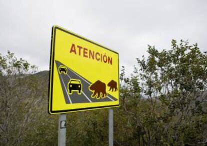 Una señal de tráfico alerta de la presencia de osos en los alrededores de Pola de Somiedo.