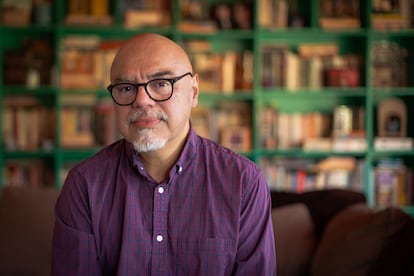 Hector Tobar, photographed at his house in Los Angeles. Tobar is an award wining writer, author of six books published in fifteen languages, including, Our Migrant Souls: A Meditation on Race and the Meanings and Myths of Latino, published by MCD/Farrar, Straus & Giroux. Los Angeles, 6/10/24. © Gabriel Osorio.