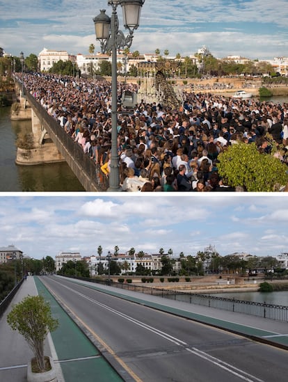 Combo de dos imágenes: la superior durante el paso de la hermandad de La Estrella por el Puente de Triana totalmente abarrotado de público en 2019, y la inferior, tomada desde el mismo punto hoy, Domingo de Ramos.