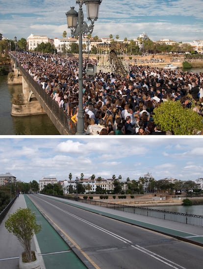 Combo de dos imágenes: la superior durante el paso de la hermandad de La Estrella por el Puente de Triana totalmente abarrotado de público en 2019, y la inferior, tomada desde el mismo punto hoy, Domingo de Ramos. 