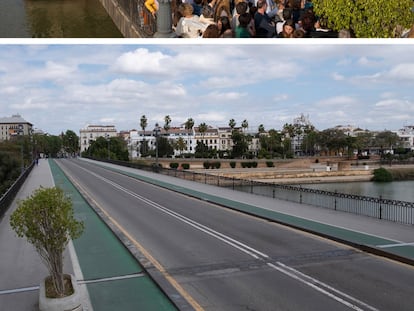 Combo de dos imágenes: la superior durante el paso de la hermandad de La Estrella por el Puente de Triana totalmente abarrotado de público en 2019, y la inferior, tomada desde el mismo punto hoy, Domingo de Ramos. 
