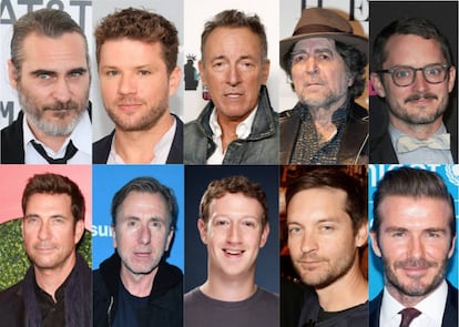 Arriba (de izquierda a derecha): Joaquin Phoenix, Ryan Phillippe, Bruce Springsteen, Joaquin Sabina y Elijah Wood. Abajo: Dylan McDermott, Tim Roth, Mark Zuckerberg, Tobey Maguire y David Beckham. Son algunas de las figuras cuyas edades comparamos en este artículo. Getty Images