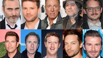 Arriba (de izquierda a derecha): Joaquin Phoenix, Ryan Phillippe, Bruce Springsteen, Joaquin Sabina y Elijah Wood. Abajo: Dylan McDermott, Tim Roth, Mark Zuckerberg, Tobey Maguire y David Beckham. Son algunas de las figuras cuyas edades comparamos en este artículo. Getty Images