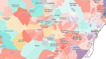 Mapa de voto en las últimas elecciones municipales del área metropolitana de Barcelona.