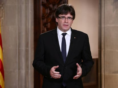 Carles Puigdemont durante la declaraci&oacute;n institucional.
 
