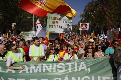Participantes en la manifestación contra la amnistía por el centro de Barcelona, este domingo. 