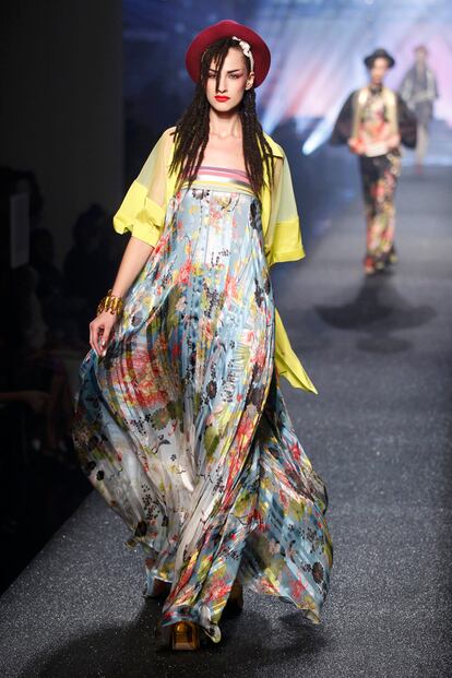 A model presents a creation by French designer Jean Paul Gaultier as part of his Spring/Summer 2013 women's ready-to-wear fashion show during Paris fashion week