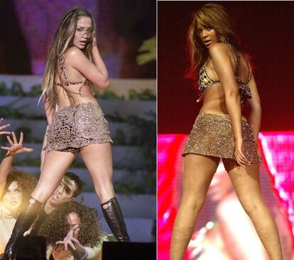 Durante a entrega dos prêmios Billboard, em 1999, JLo vestiu uma minissaia com brilhos e um sutiã dourado durante sua apresentação. Em 2004, cinco anos depois, Beyoncé usou um conjunto muito semelhante durante seu show em Fort Lauderdale, Flórida (EUA).