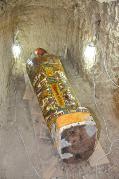 The painted coffin found near the temple of Thutmose III in Luxor.