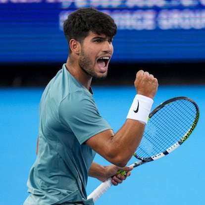 Aug 16, 2025; Cincinnati, OH, USA;  Carlos Alcaraz (ESP) reacts after returning a shot against Alexander Zverev (GER) during the Cincinnati Open at the Lindner Family Tennis Center. Mandatory Credit: Aaron Doster-Imagn Images