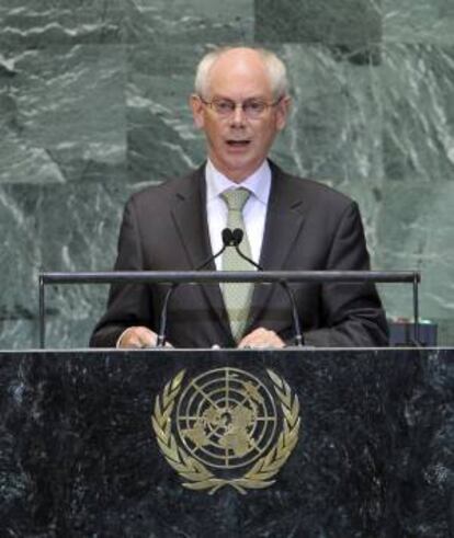 El presidente del Consejo Europeo, Herman Van Rompuy, interviene ante la Asamblea General de la ONU en la sede de Naciones Unidas en Nueva York, Estados Unidos, este 26 de septiembre.