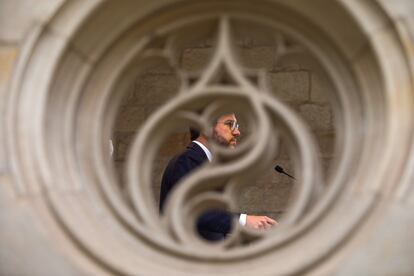 El presidente de la Generalitat, Pere Aragonès, durante una rueda de prensa en el Palau de la Generalitat.