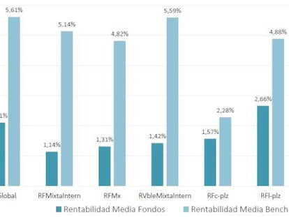 Rentabilidad media anual de los fondos de inversi&oacute;n espa&ntilde;oles (entre 2005 y 2015), frente a sus &iacute;ndices de referencia.