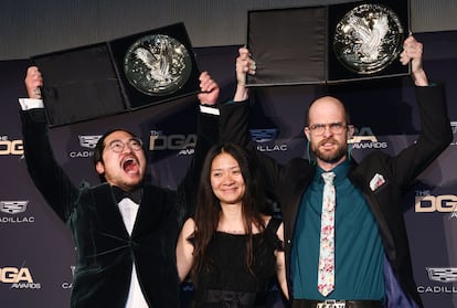 Chlo Zhao (C) poses with Dan Kwan (L) and Daniel Scheinert (R), winners of the Outstanding Directorial Achievement in Theatrical Feature Film award for Everything Everywhere All at Once in the press room during the 75th Directors Guild of America Awards at The Beverly Hilton on February 18, 2023 in Beverly Hills, California.