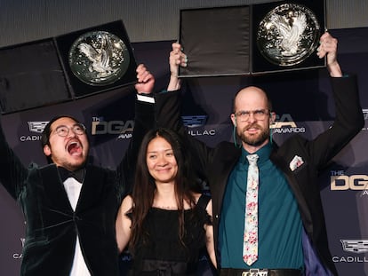 Chlo Zhao (C) poses with Dan Kwan (L) and Daniel Scheinert (R), winners of the Outstanding Directorial Achievement in Theatrical Feature Film award for Everything Everywhere All at Once in the press room during the 75th Directors Guild of America Awards at The Beverly Hilton on February 18, 2023 in Beverly Hills, California.