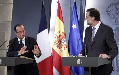 30 de agosto de 2012. Mariano Rajoy y el presidente francés, François Hollande, durante la rueda de prensa en La Moncloa. Hollande y Rajoy analizaron durante su encuentro la crisis de la eurozona y los problemas de la deuda soberana.