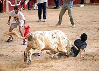 Un joven es arrastrado por uno de los toros en el último encierro de las fiestas de Leganés.