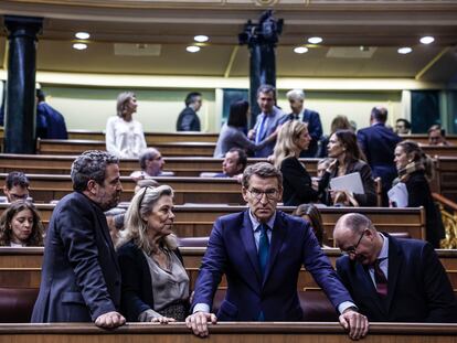 El líder del PP, Alberto Núñez Feijóo, junto a varios diputados de su grupo, el pasado 30 de enero, durante el pleno de votación de la ley de amnistía.