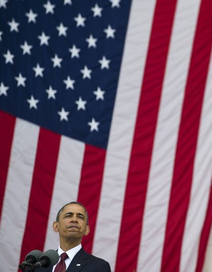 El presidente Barack Obama durante un momento de su discurso en el Día de los Caídos.