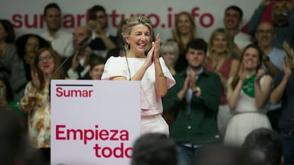 Yolanda Díaz, este domingo, durante su intervención en el pabellón Antonio Magariños.