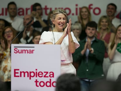 La vicepresidenta segunda del Gobierno, Yolanda Díaz, durante la presentación este domingo de su candidatura de Sumar.