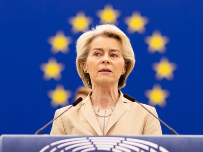 28 February 2024, France, Strasburg: Ursula von der Leyen, President of the European Commission, stands in the plenary chamber of the European Parliament and speaks. A central point of the debate was the EU's defense policy. Photo: Philipp von Ditfurth/dpa
28/02/2024 ONLY FOR USE IN SPAIN