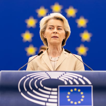 28 February 2024, France, Strasburg: Ursula von der Leyen, President of the European Commission, stands in the plenary chamber of the European Parliament and speaks. A central point of the debate was the EU's defense policy. Photo: Philipp von Ditfurth/dpa
28/02/2024 ONLY FOR USE IN SPAIN